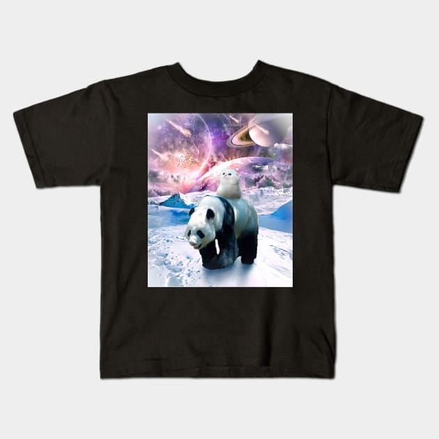 Cute Kitten Cat Riding Panda In Galaxy Space Kids T-Shirt by Random Galaxy